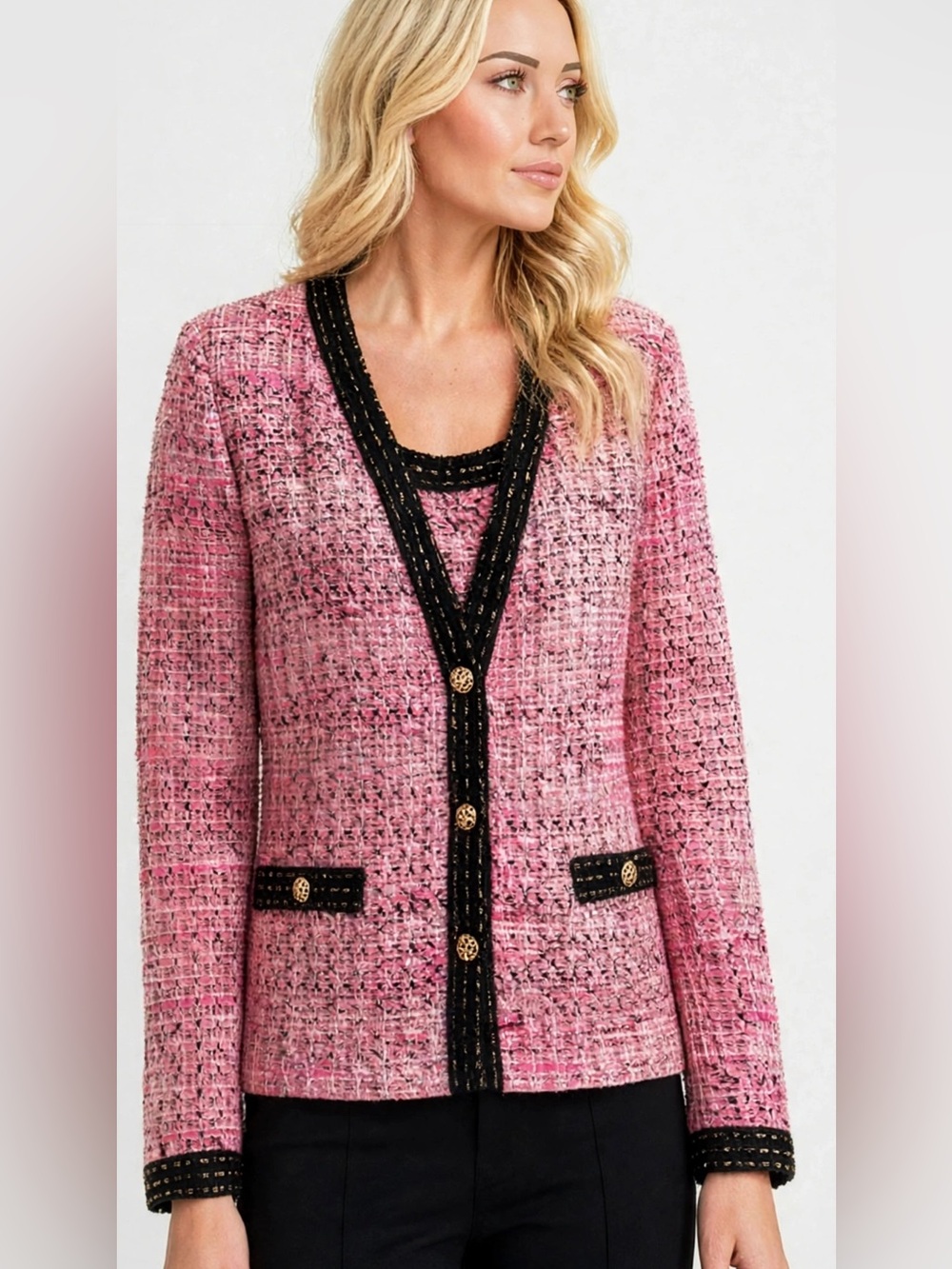 RARE New St.John Pink Tweed Jacket & Top Set Pink Black Trim Gold Buttons Sz 2-6